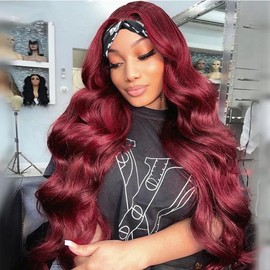 Colorful Queen 99j Burgundy Headband Wig Glueless Long Wavy Headband Wigs for Women Put On and Go Wine Red Colored Body Wave Wigs 26 Inch
