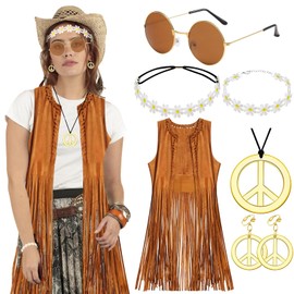 Hippie Costume Women's Vest 5 Pieces Boho Retro Hippie Clothing Women's Accessories 60s 70s Clothing Women's Disco Hippie Outfit Carnival Cowgirl Costume Women's Brown Fringe Vest Woman Fancy Dress M