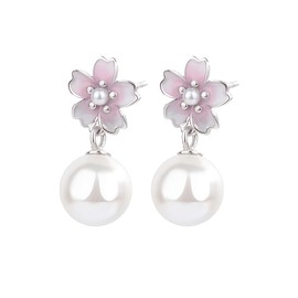 K.L.Y Women's Earrings, Popular, Cherry Blossoms, 925 Silver, Sterling Silver, Hypoallergenic, Swaying, Pearl, Popular, Birthday, Gift, Accessory, Silver Sterling Silver, Cubic Zirconia