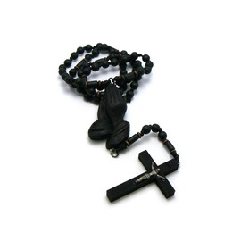 NYFASHION101 3D Praying Hands and Crucifix Cross Pendant Wood Rosary Necklace, Black