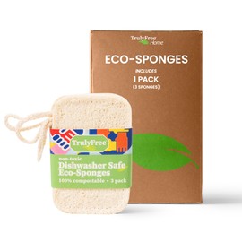 Truly Free Natural Cleaning Sponges, 100% Organic Luffa Dish Scrubber, Plant-Based Compostable Kitchen Dishwasher Sponge, Cleans Sink, Grout & Tile, Non Scratch Scouring Pad - 4.4 x 2.8 in, Pack of 3