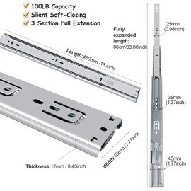 18 inch Soft Close Drawer Slides 6 Pairs Ball Bearing Full Extension Cabinet Drawer Slides 3 fold, Side Mount, 100 LB Capacity Heavy Duty Drawer Slide 18"