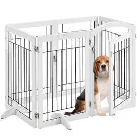Yaheetech 32-inch Tall Dog Gate with Door Extra Wide Pet Gate for Dogs, Foldable Wire & Wooden Puppy Safety Fence w/3 Support Feet,Freestanding Dog Gate for The House, Doorway, Stairs(White,6 Panels)