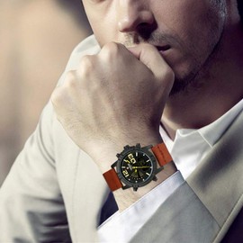 JewelryWe Men's Leather Wristwatch Multi-Function Alarm Watch Waterproof Sports Watch,Brown