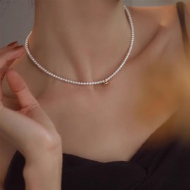 Dainty Pearl Necklaces for Women 14k Gold Plating White Tiny Pearl Beaded Gold Bead Chain Necklace Trendy Simple for Women Jewelry Gifts