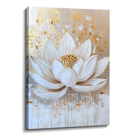 Lotus Canvas Wall Art Zen Wall Decor Framed White and Gold Lotus Flower Picture Meditation & Relax Painting Prints Spiritual Room Living Room Bathroom Ready to Hang(Art-17,12.00"x18.00")