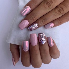 Ceboic Pack of 24 Glue-On Nails, Short, Pure Colour, Glitter, French Artificial Nails, Press On Nails with Nail Glue Sticker, Square Acrylic Full Cover Artificial Fingernails for Women and Girls