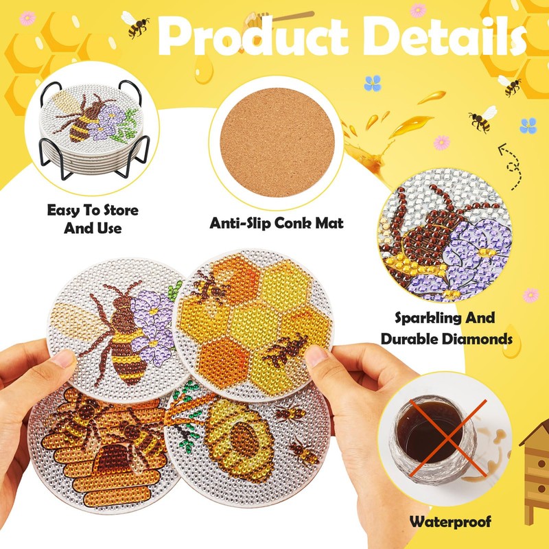 BB Beadthoven Beadthoven 8 Pieces Bee Motif Diamond Painting Coasters