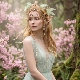 Fairy Crown with Elf Ears - 2 Pcs Green Butterfly Wings Headband with Tassel Renaissance Costume Elven Tiara for Halloween Wedding Renfaire Dress Up Cosplay Fairycore Fantasy Accessories