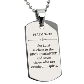 Tioneer Stainless Steel Brokenhearted Psalm 34:18 Dog Tag Pendant Necklace