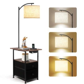 PESRAE Floor Lamp with Table & 2 Drawers, End Table with 3 Color Temperature Reading Light, Side Table Lamp with USB & Type C & AC Charging Port for Bedoom, Home Office
