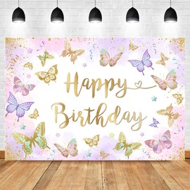 Mocsicka Butterfly Birthday Backdrop Purple and Gold Butterflies Birthday Background Violet Purple Gold Butterfly Kisses and Birthday Wishes Party Decorations (6x4ft)