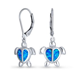 Dainty Vacation Nautical Marine Life Ocean Blue Created Opal Heart Turtle Drop Lever back Earrings For Women Teen .925 Sterling Silver