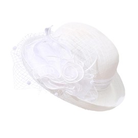 Women's Elegant Summer Mesh Veil Fascinator Hat Vintage Flower Trim Roll Brim Sun Hats Lightweight Linen Style Ladies Church Wedding Races Bowler Hat (UK, Alpha, One Size, White)