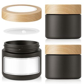 2 oz Glass Jars with Lids, 3 Pack Small Black Glass Jars with Plastic Woodgrain Lids & Inner Liners, Empty Reusable Airtight Cosmetic Containers for Tea, Coffee, Creams, Lotion, Spice