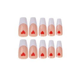 24PCS Valentines Medium False Nails with Glue Stickers,Coffin Full Cover Acrylic Nails Press on Nails no Glue,White Love French Fake Nails Stick on Nails Valentines Gifts for her Nail Art.