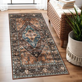 Lahome Boho Washable Runner Rug for Hallway - 2x4 Non-Slip Throw Bathroom Rug Runner Untra-Thin Non-Shedding Kitchen Mat, Vintage Print Indoor Carpet Runner for Bedroom Laundry Room (Pink, 2'x4')