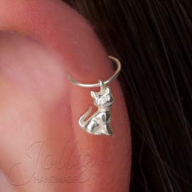 Silver Cat Cartilage Earring – 925 Silver Helix Piercing Ring – 20G 8mm Ring – Cute Birthday Mother's Day Gift
