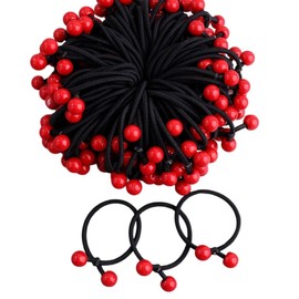 Hair Ties with Beads, 100 Pack, Colorful and Black Elastic Bands, Multi-Color and Red Ball Design (red)