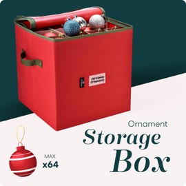 Handy Laundry Christmas Ornament Storage - Stores upto 64 Holiday Ornaments, Adjustable Dividers, Zippered Top, Two Handles. Storage Box Keeps Holiday Decorations Clean and Dry for Next Season. (Red)
