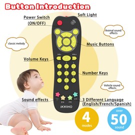 Baby Remote Control Toy, Realistic Toddler TV Remote Toy with Light Sound Kid Learning Education Musical Toys with English French Spanish Infant Gift for Boys Girls 6M+ (Black)
