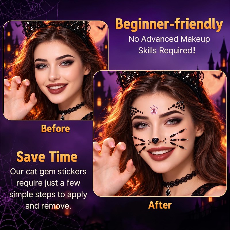 4Pcs Crystal Cat Face Gems Stickers, Halloween Cat Print Gem
