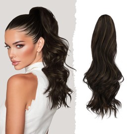 SOFEIYAN Claw Clip Ponytail Extension 16 inch Curly Wavy Clip in Hairpiece Synthetic Fluffy Fake Pony Tail Clip on Hair Extensions for Women Daily Use - Dark Brown with Strawberry Blonde Highlights
