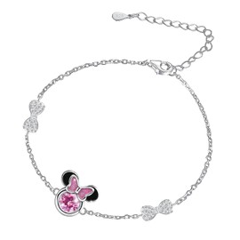Mouse Bracelet for Teens Women - Sterling Silver Adjustable Bow Bracelet Pink Cubic Zirconia Cute Animal Chain Link Charm Bracelets Adorable Jewelry Gifts for Daughter Granddaughter