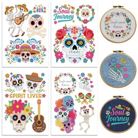 Peacoblue Water Soluble Embroidery Patterns with Color for Beginners, Day of The Dead Skeleton 4 Sheets with 15pcs Wash Away Embroidery Pattern Stabilizer for Hand Sewing Women Adults