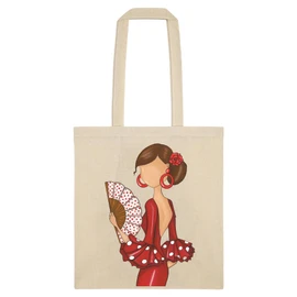 IllustrArte Cotton Bag 38 x 42 cm - Flamenco Design - 135 g/m² - Single Sided Print - Long Handles 60 cm - Beige - Reusable and Holds up to 5 kg, Flamenca Pepa - Beige with single-sided print, M