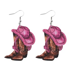 Cute Pink Western Cowgirl Cowboy Boots Wood Earrings Bohemian Double-sided Love Heart Flower Boots Wooden Dangle Drop Earrings for Women Couple Jewelry Gift-Style A