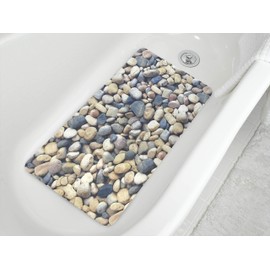 Splash Home Pebbles Fabric Printed PVC Bathtub Mats Non-Slip Mildew Resistant Extra Long Machine-Washable with 58 Strong Suction Cups, 16" x 27" Inch (Grey)