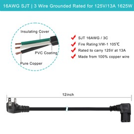 Cable de alimentación para computadora de 90 grados en ángulo recto – Enchufe plano NEMA 5-15 de 1 pie a cable de alimentación IEC C13, cable de alimentación universal para PC 16 AWG, cable de alimentación de CA en ángulo C13 de 3 clavijas para monitor d