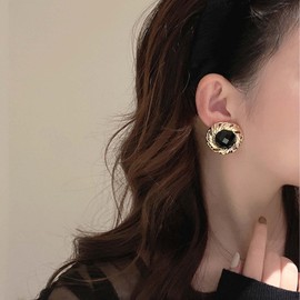 Iaceble Vintage Gold Onyx Earrings Twits Circle Stud Earrings Black Gemstone Earrings Round Birthstone Earrings Jewelry for Women and Girls
