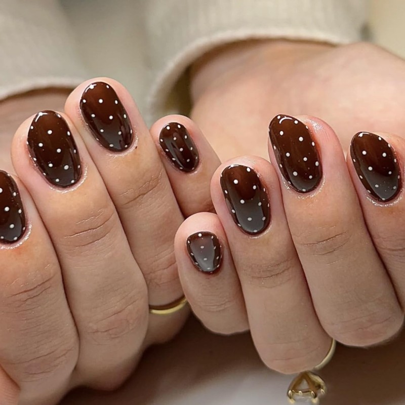 Uñas postizas cortas ovaladas marrones con lunares, 24 unidades, reutilizables,