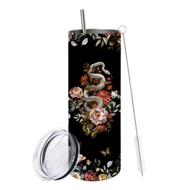 MoYueno Goth Gifts for Women, 20 Oz Slim Snake Tumbler, Goth Water Bottle with Lid & Straw & Brush, Spooky Goths Gifts for Women Goths Lovers Snake Lovers, Flower Tumbler