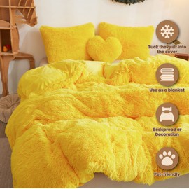 MEGO Luxury Shaggy Faux Fur Duvet Cover Set, Soft 3 PCS Fluffy Comforter Cover Set, Fuzzy Bedding Set King Size Quilt Cover(1 Plush Furry Duvet Cover + 2 Pillowcases), Zipper Closure(King, Yellow)