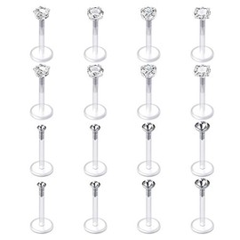 Mayhoop 16G 16Pcs Tragus Earrings Lip Rings Labret Studs Jeweled Cartilage Helix Earrings Flexible Clear Bar Medusa Piercing Retainer 6mm 8mm for Women Men