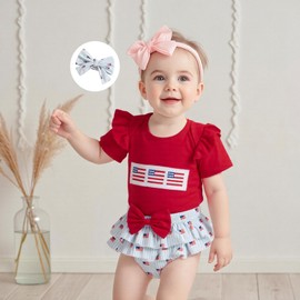 Bonangber Newborn 4th of July Outfit Girl Short Sleeve Romper American Flag Ruffled Shorts Set Fourth of July Baby Girl Outfit(C-Red,0-3 Months)