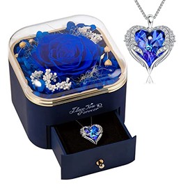 NEWNOVE Preserved Blue Rose with Blue Necklace, Christmas Gifts for Women Mom Grandma Girlfriend, Anniversary Birthday Gifts for Her