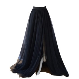 EllieHouse Adult Split Long Floor Prom Party Evening Tulle Skirt P61, Black, X-Large