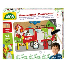 Lena 65836 Hammer Game Fire Brigade Nail Game with 38 Coloured Parts and 16 Special Pieces, XXL Cork Base Plate Approx. 28 x 19.5 cm, Hammer and Nails, Knocking Game for Children from 3 Years