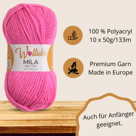 Wollidu Mila Yarn for Crochet and Knitting, 10 x 50 g/133 m, Knitting Yarn, 100% Polyacrylic, Crochet Yarn, Candy Pink