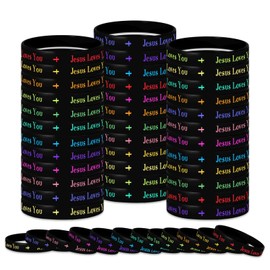 MATEPLUS 24Pcs Jesus Loves You Rubber Bracelets Christian Bracelets Colorful Silicone Wristbands Motivational Cross Bracelet Bulk for Men Women Teens Church Party Favors Gifts (Black)
