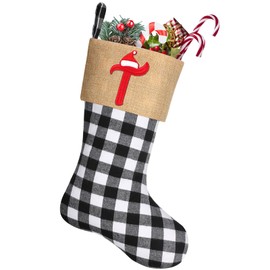 Medias de Navidad con monograma grande de 20 pulgadas con bordado inicial de Navidad, medias de arpillera a cuadros de búfalo negro y blanco, para decoración de chimenea de árbol de Navidad, letra T