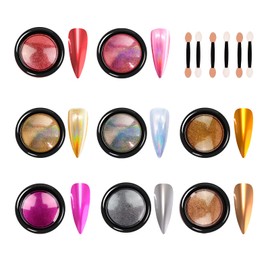 Jukcoi Chrome Nail Powder, 8 Colors Chrome Nail Powders (6 Colors Mirror Powder + 2 Colors Chameleon Powder) Pearl Effect Aurora Chrome Powder Set Manicure Pigment (3 Holographic+5 Chrome Powder)