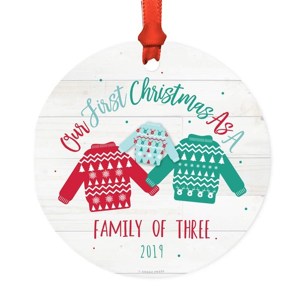 Andaz Press Custom Year Family Metal Christmas Ornament, Our First Christmas as a Family of Three 2024, Fair Isle Holiday Ugly Sweater, 1-Pack, Includes Ribbon and Gift Bag