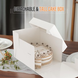 Reynards 10 Set Cake Boxes with Window, 10 x 10 x 8 White Tall Bakery Box Set (10pcs Boxes & 10pcs Boards), Paperboard Cake Baker Box for Bakery, Cakes, Pastries