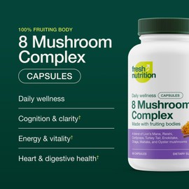 Fresh Nutrition Organic 8 Mushroom Complex Capsules - Made with Fruiting Bodies - Lion's Mane, Reishi, Cordyceps, Chaga, Enokitake, Turkey Tail, Maitake, and Oyster Mushrooms
