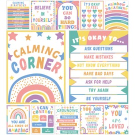 Qyeahkj 12pcs Pastel Calming Corner Classroom Posters Set Classroom Decorations Boho Pastel Calming Strategies Poster for Kids Preschool Teachers Calm Down Corner Classroom Decor Supplies